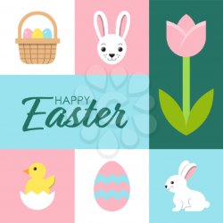 happy easter sign with flowers and bunny